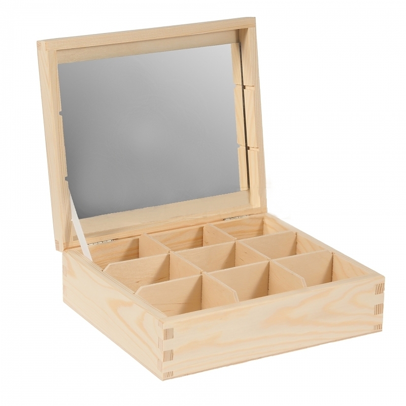 Dřevěná krabička 9 komor + ZRCADLO (24x21x7,8cm)