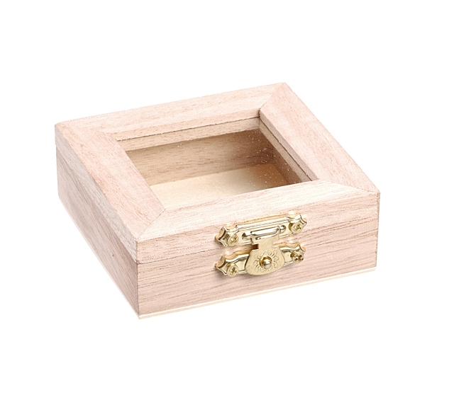 Dřevená  krabička SE SKLEM, zlaté kování (6x6cm)